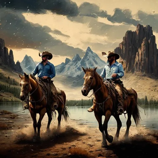 Prompt: Two cowboys riding horses near a lake with a snowy mountain in the background, westernpunk, oil painting, rugged terrain, vintage cowboy hats, dusty atmosphere, dramatic lighting, high quality, detailed horses, scenic landscape, wild west vibes, rustic color palette, atmospheric clouds, detailed boots