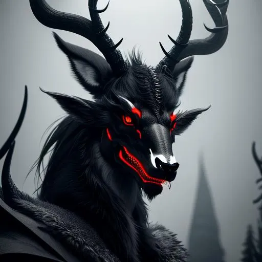 Prompt: portrait of a wendigo inspired dragon with a deer or canine like skull, intimidating antlers, and glossy black fur, overall grim atmosphere, disturbing vibe, emotionless, NO WINGS, CGI render, hyperrealistic, super detailed, 8k, high quality, trending art, trending on artstation, sharp focus, studio photo, intricate details, highly detailed