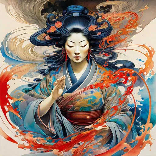 Prompt: "Japanese woman blindfolded, in meditation; Onmyōdō; liquid, ink, splatter, splash, by James Jean and Arthur Rackham, masterpiece intricately detailed 8k resolution maximalist, liquid fluid painting, watercolor art, calligraphy, action painting, complex, fantastical, dramatic flow, vibrant brush strokes, triadic colors"