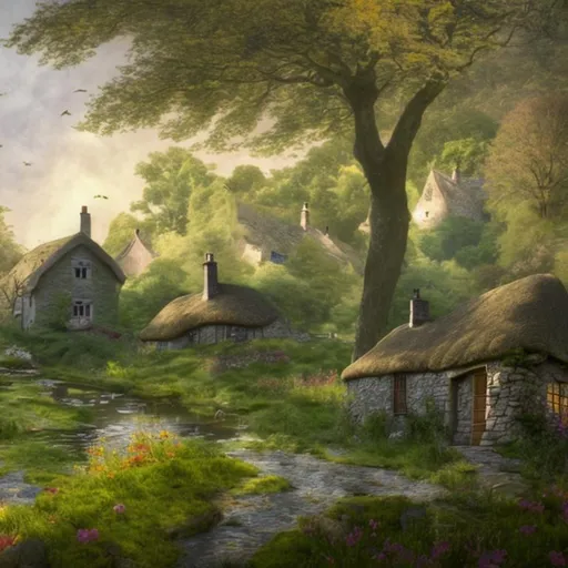 Prompt: a stone cottage aging and rough thatched roof with pieces coming apart along the edge. pond  with fish jumping flowers all around cat laying napping near the pond forest surrounding smoke rises from a stone chimney moon in the sky shines through the trees. path leading to the cottage is muddy and rough with stones.