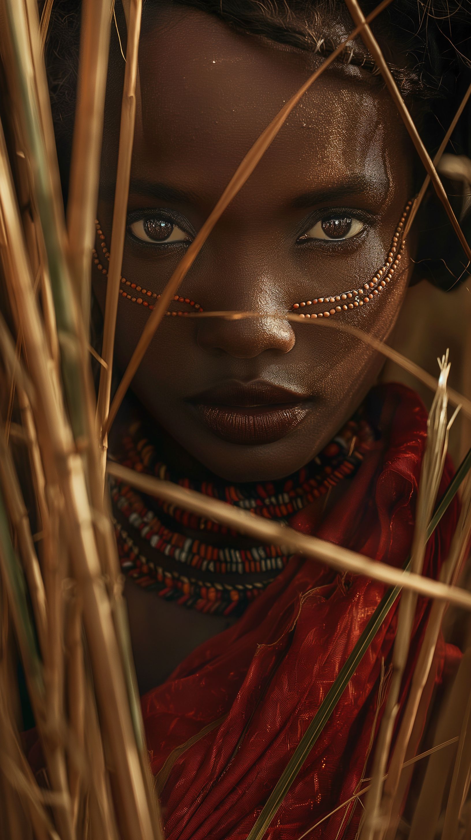 Prompt: attractive dark skin warrior women, tribe from africa, red cloth clothing with beads, peircing eyes, national geographic cover, leaning forward under the cover of long reeds, hunting zebra, hiding, brave --ar 9:16 --v 6.0