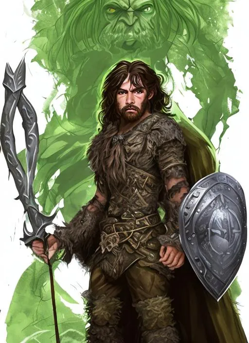 Prompt: Halfling druid male with long brown hair and brown beard and green eyes wearing green leather armor posing in epic fashion holding a quarterstaff
