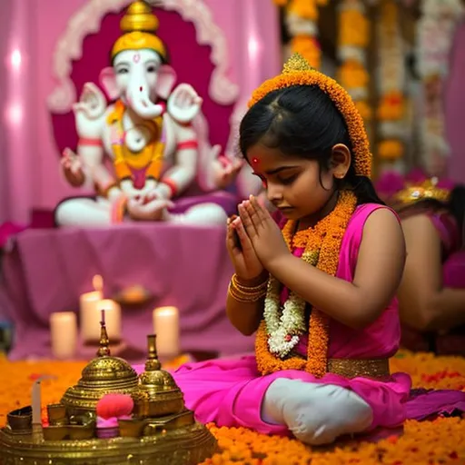 Prompt: devotee girl praying to bal ganesh