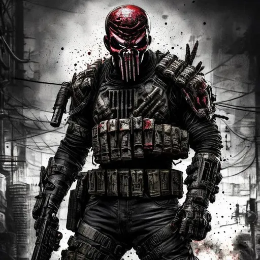 Prompt: Redesigned Gritty black dark intense futuristic military commando-trained villain Todd McFarlane's punisher Spawn. Bloody. Hurt. Damaged mask. Accurate. realistic. evil eyes. Slow exposure. Detailed. Dirty. Dark and gritty. Post-apocalyptic Neo Tokyo with fire and smoke .Futuristic. Shadows. Sinister. Armed. Fanatic. Intense. 