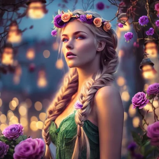 Prompt: professional modeling photo live action human woman hd hyper realistic beautiful German woman long blonde braid with flower crown fair skin green eyes beautiful face pink and purple dress and flowers enchanting tower at night hd background with live action realistic lanterns