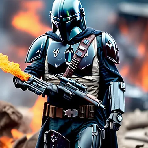 Prompt: Stealthy and menacing Mandalorian with black armor in fiery wreckage