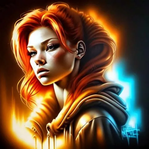 Prompt: ginger, redhead, hot, face, Medium Close-up, warrior, Aperture. Angled