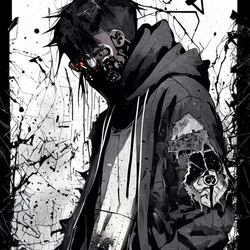 Prompt: A male ghost with black hair wearing a black hoodie, a dark colored tattered lab coat on top, black ripped jeans and black combat boots, wearing a black gas mask with white shattered lenses. The style is semi-realistic manga. The color pallet is gray scale. The mood is a bit dramatic, very creepy, moody, dark, and mysterious with melancholic undertones.