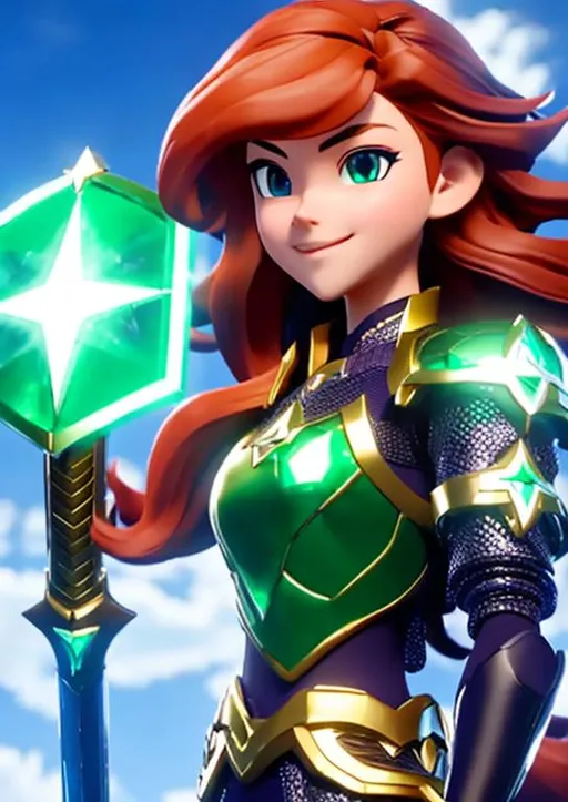 Prompt: Action pose. Full body image. Head-to-toe. 19 years old paladin. She is wearing a bright shiny iron chainmail armor. She has red hair and emerald-green eyes. She is brandishing one shiny, chromed, long sword in her right hand. On her left arm, she is holding a shield that has a 5 pointed star as an emblem. Fierce. Just. Historically realist.
