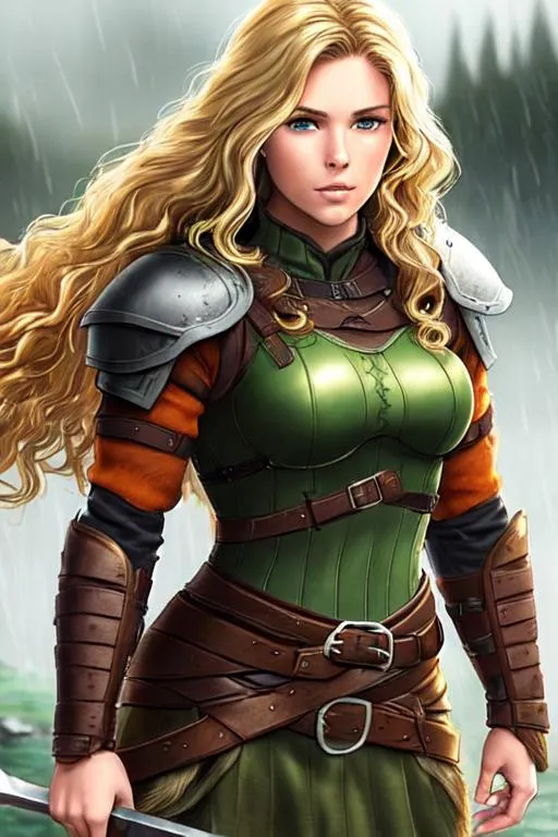 Prompt: digital art, 27-year-old Young woman viking, Quite well-built and lean muscled, Green-gold eyes, short but still somewhat long brown hair with streaks of blonde Curly and thick. True curliness shows in misty and/or rainy weather, hair Bordering between blond and dirty blond a middle ground the true challenge, black gear, orange armor, full body, full armor, unreal engine 8k octane, 3d lighting