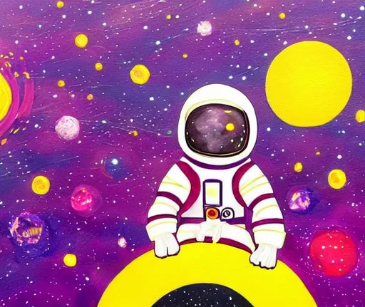 Prompt: high resolution, mixed media painting, outer space, astronaut floating between planets and stars, cute with many colors, most purple and pink and yellow