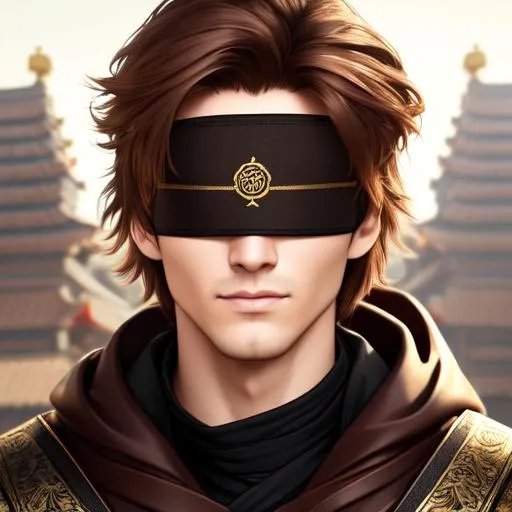 Prompt: Portrait of {blindfolded male oracle} with {brown} hair and with cute face, strong jawline, {temple background}, arcane glyphs on blindfold, perfect composition, modern, white modern clothing, hyperrealistic, super detailed, 8k, high quality, trending art, trending on artstation, sharp focus, studio photo, intricate details, highly detailed, by greg rutkowski