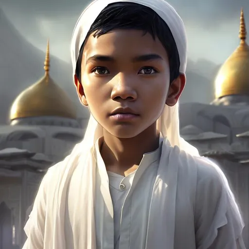 Prompt: Cosmic Epic, Indonesian Muslim boy, facial detail (very short black hair, black eyes) standing still looking at the mosque, white muslim shirt, sun concept art, setting by Doug Chiang, white cloth around head.colorful shadows, futuristic, elegant atmosphere, glowing lights, very detailed, digital painting, artstaion , concept art, soft sharp focus, illustration, amars ravelo, mosque background. pink light effect, light effect around the body, colorful particles. 8k --ar 3:2 - high resolution and video recording --ar 3:2 --v5 --upbeta --v5 -- screen space reflection -- diffraction gradation -- chromatic aberration -- gigabyte shift - - - - Line Scan - Ambient Occlusion - FKA Anti-Aliasing - TXAA - RTX - SSAO - OpenGL-Shader - Post Processing - Post Generation - Cell Shader - Path Mapping - CGI - VFX - SFX - Crazy Instract Details - - Ultra Max- -Beautiful --Dynamic poses--Photography--Volumes--Extra details--Intricate details. 