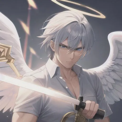 Prompt:  Tough looking male angel with wings and a halo (detailed face), wielding a holy sword, fighting
