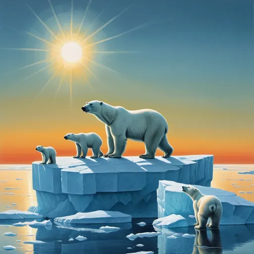 Prompt: A polar bear and her cubs on the edge of an ice floe, playful, with the Arctic sun on the horizon,style Magritte