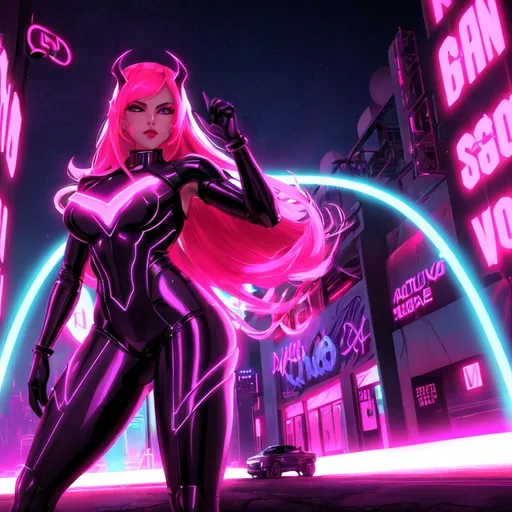 Prompt: a beautiful female demon in a dynamic pose in a retro futuristic synthwave cyberpunk neon paradise.  neon lighting, high quality, beautiful, synthwave, cyber, retro, futuristic