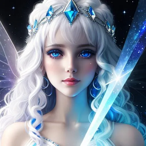 Prompt: White prism, cosmic,etherial, fairy, goddess of light ,curly white hair, brilliant blue eyes, facial closeup