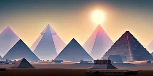 Prompt: A wide shot of futuristic Egyptian-style pyramids and low-rise brutalist buildings visible in the morning mist with beautiful, soft, hazy solarpunk lighting and  around them