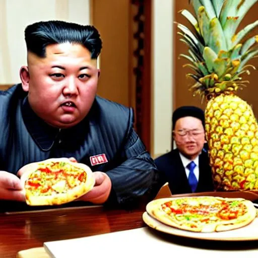 Prompt: kim jong un eat pizza with ananas