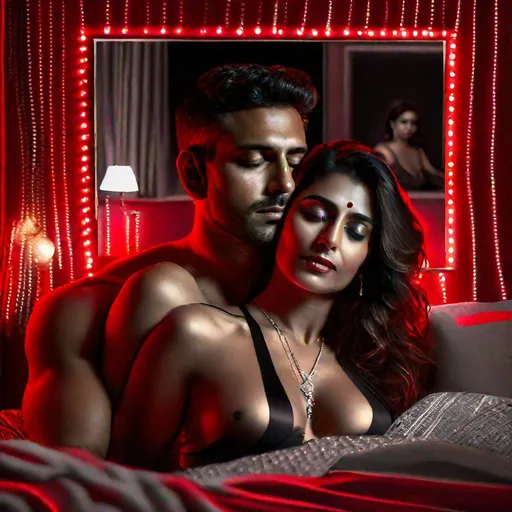Prompt: A hyperdetailed hyperrealistic bright lights HD digital boudoir portrait of couple, a woman in lovemaking with her brother on top of her, cheating on husband, visible expression of regret on her face, red room from '50 shades of grey', pinned to bed, black lingerie removed, bindi, mangalsutra, her pic with husband as photo frame on wall