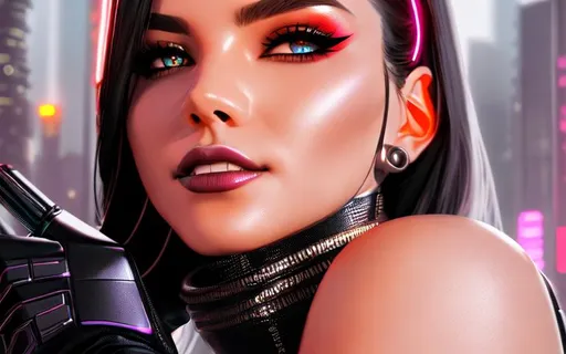 Prompt: futuristic female cyborg with a metal teeth mask, hyper realistic, dramatic lighting, 4k, high contrast, cyberpunk cityscape, neon lighting, club scene, trending on Artstation, nightfall, staring over her shoulder at the viewer, wearing black glove