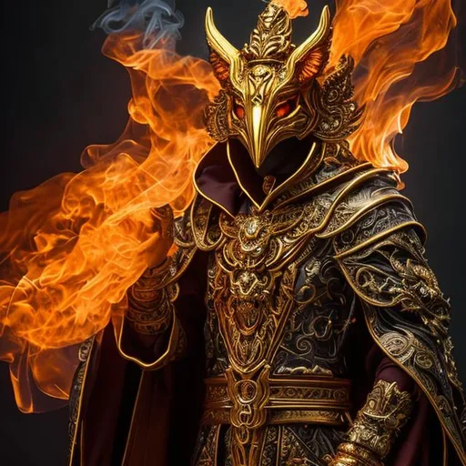 Prompt: high-quality high-detail highly-detailed breathtaking Villen ((by Aleksi Briclot and Stanley Artgerm Lau)) - ((a warlock)), hooded orange detailed fox oni warlock rich golden ornate robes casting smoke in hands, flying, smoke in feets, glowing, highly detailed vintage brass jester mask, add some orange smoke in his hands, glowing chest emblem , smooth detailed shoulder plates, detailed ivory, full body, fantasy robes,, wearing mime mask, 8k,  full form, detailed library setting, full form, epic, 8k HD, ice, sharp focus, ultra realistic clarity. Hyper realistic, realistic, close to perfection, high quality cell shaded illustration, ((full body)), dynamic pose, perfect anatomy, centered, freedom, soul, approach to perfection, cell shading, 8k , cinematic dramatic atmosphere, watercolor painting, global illumination, detailed and intricate environment, artstation, concept art, fluid and sharp focus, volumetric lighting, cinematic lighting.