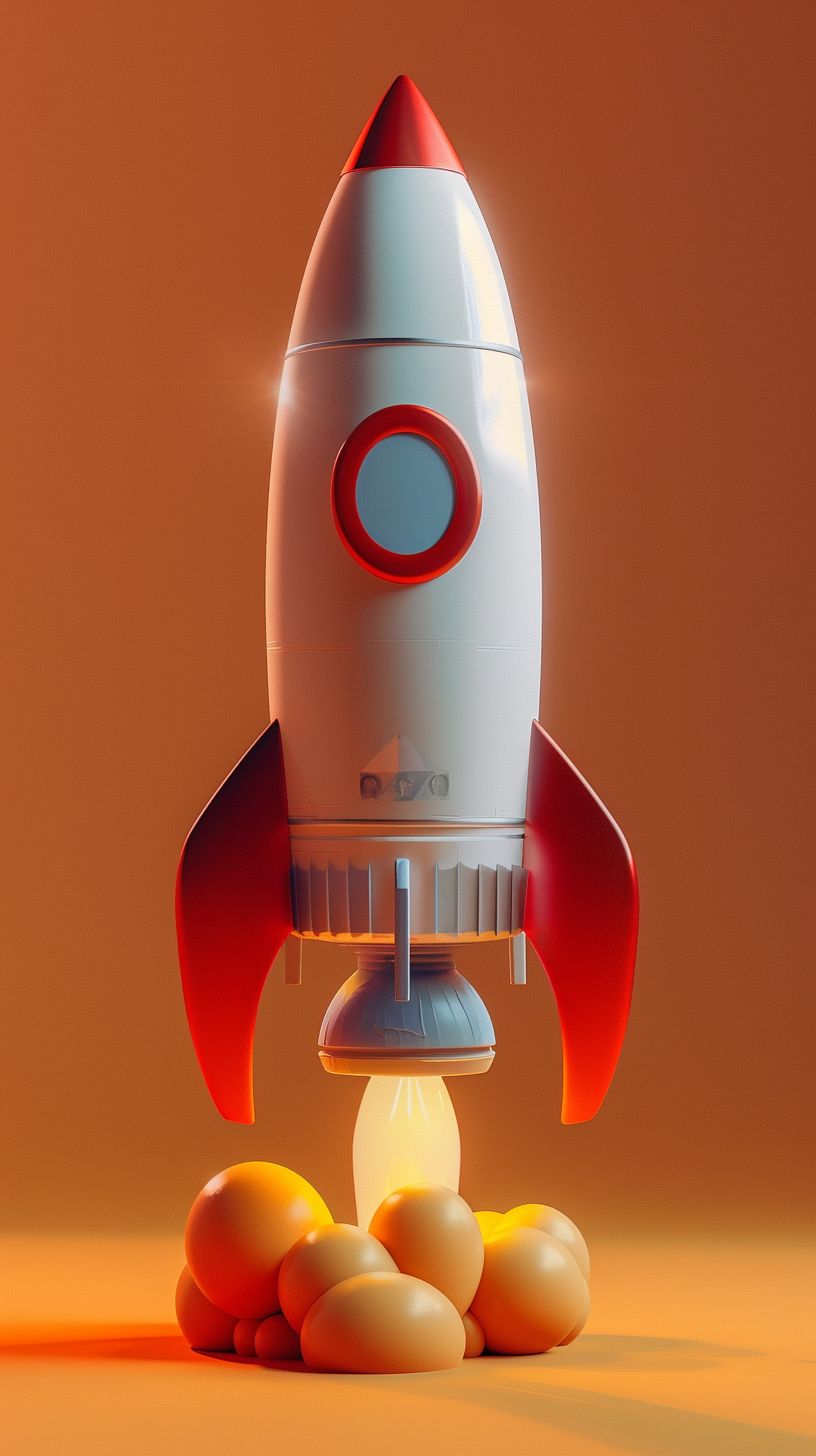 Prompt: minimalistic retro futuristic space rocket model ship taking off