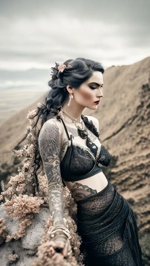 Prompt: Beautiful, Enigmatic, tattooed, Lilith, wearing a worn black dress, at the paramo, hyperrealistic, hyperdetailed, 16K, close-up, perfect composition, ambient light, textured skin, by Floria Sigismondi.