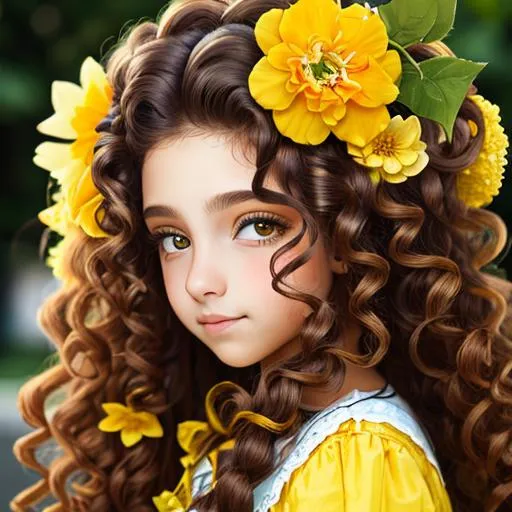 Prompt: A girl with  long curly hair wearing yellow, flower in her hair