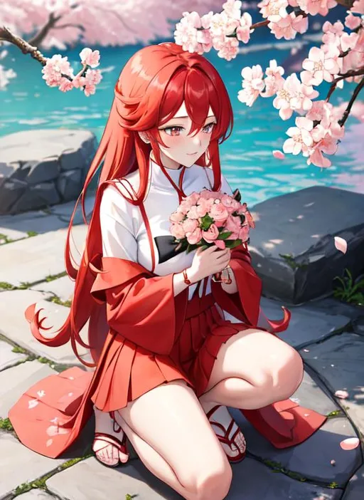 Prompt: Zerif 1male (Red side-swept hair covering his right eye) 8K, UHD, best quality, under the cherryblossom trees, wearing a casual outfit, red hair, on one knee proposing, holding a bouquet of flowers, blushing, looking away nervously