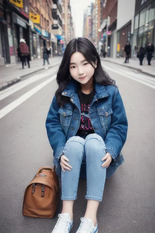 Prompt: 1girl, 8k, semi-realistic, masterpiece, cgi, korean face,( beautiful face, 20yo),smile, wave hair, detail hair, (jacket, blue jeans), on street, full body, look on camera, sitting, hold a bag