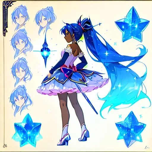 Prompt: A character sheet of an anime magical girl with  hair and dark skin, long hair, covered in stars. blue accents on outfit. holding a wand, Concept Art. puffy skirt. ballet inspired. Madoka magica inspired. reference sheet,   different poses, concept sheet, side profile, back proflie, beautiful face, ponytail, highly detailed, clear face and body