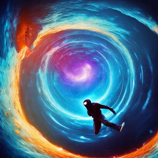 Prompt: a man falling into the wormhole, high technology, galaxy, blue, high contrast, high quality, saturated, 3rd dimensional space