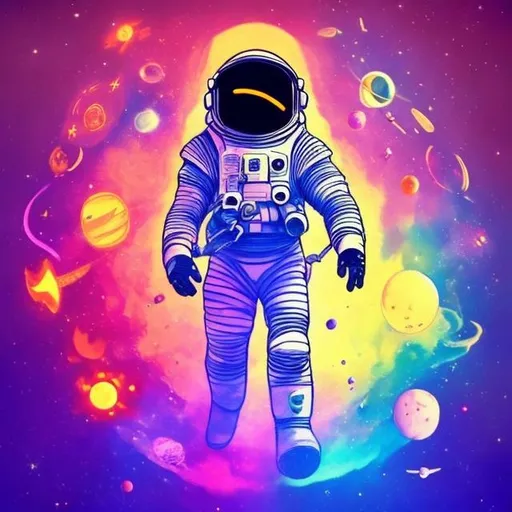 Prompt: Design a tatto of a spaceman floating with coloful  / relalistic / 4k with planetary background  making i love you sign in sign language
