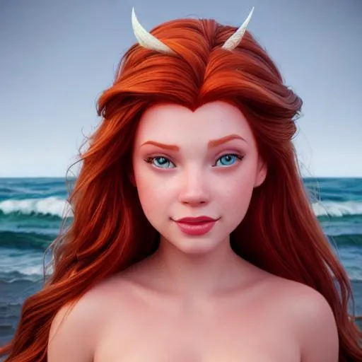 Prompt: beautiful, cartoon to real life, princess ariel human from disney's the little mermaid, hyper realistic, portrait, highly detailed, digital painting, artstation, concept art, sharp focus, illustration, 3d life like