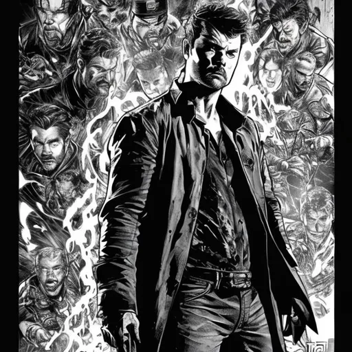 Prompt: comic draw art, billy buther the boystv series, karl urban bearded face, art by todd mcfarlane, black and white art, black trenchcoat, hawaiian shirt, black jeans ankle boots