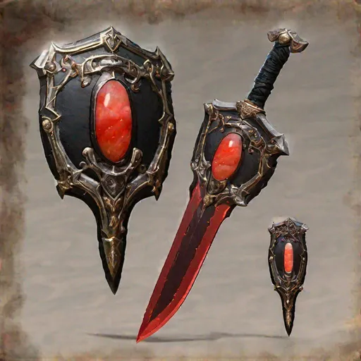 Prompt: A red cherry opal shield on display with two obsidian broadswords