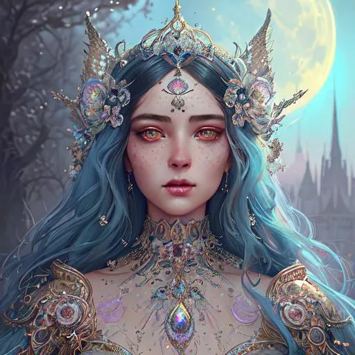 Prompt: Intricately detailed front facing elaborate beautiful moon goddess  intricate glistening face bright eyes prismatic cry clear dress long hair hyperdetailed painting by Ismail_Inceoglu Tom Bagshaw Dan Witz CGSociety ZBrush Central fantasy art 4K, Crystal Palace in background digital painting, digital illustration, extreme detail, digital art, ultra hd, vintage photography, beautiful, tumblr aesthetic, retro vintage style, hd photography, hyperrealism, extreme long shot, telephoto lens, motion blur, wide angle lens, deep depth of field, warm, anime Character Portrait, Symmetrical, Soft Lighting, Reflective Eyes, Pixar Render, Unreal Engine Cinematic Smooth, Intricate Detail, anime Character Design, Unreal Engine, Beautiful, Tumblr Aesthetic,  Hd Photography, Hyperrealism, Beautiful Watercolor Painting, Realistic, Detailed, Painting By Olga Shvartsur, Svetlana Novikova, Fine Art