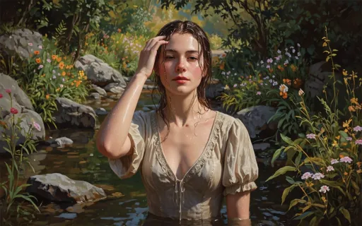 Prompt: A digital painting in the realism oil painting style.
In a serene, nature-filled setting, a slim youthful age18 woman stands by a gentle stream, her expression a blend of shy happiness and grace. Water glistens on her skin, her damp clothes sticking to her figure accentuating her feminine features, her porcelain complexion and the soft blush on her cheeks contrasting with the colorful backdrop, as she touches her damp hair, demonstrating both vulnerability and shy desire. Dressed in a simple, light-colored gown with an intricate collar, she melds harmoniously with the lush surroundings, where rocks and wildflowers frame the scene. The dappled light creates a warm atmosphere, enhancing the painting's classic style and evoking a sense of tranquility and introspection, as if inviting the viewer to share in her moment of quiet reflection.
