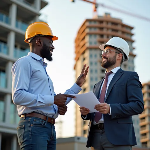 Prompt: un père de famille noire américaine discutant d'un projet immobilier avec un promoteur immobilier caucasien en face d'un hôtel de luxe en construction, tout deux portant un casque de chantier
tout deux regardent la construction, le promoteur pointant du doigt de la main droite et tenant un dossier de la main gauche