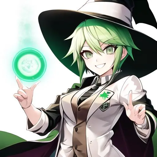 Prompt: Danganronpa art style, green hair, green eyes, kind smile, light white skin, wizards robe, wizards hat, short hair, weak, skinny, female