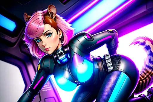 Prompt: [young woman mech pilot crouching nearly-nude and prone inside the cockpit of her cybernetic mouse mech]
Zoe Maxwell is the Squirrel Girl, a Very Cute college-aged heroine with beautiful ultraviolet prosthetic eyes, an asymmetrical ultraviolet-with-pink-highlights bob, a skintight female squirrel-styled fur-covered suit with broadband-enhanced human-sized squirrel tail.
She is a college virtual reality designer with luminous skin, girl-genius vibes, perfectly soft plump curves, and works in her underwear when she's designing levels.