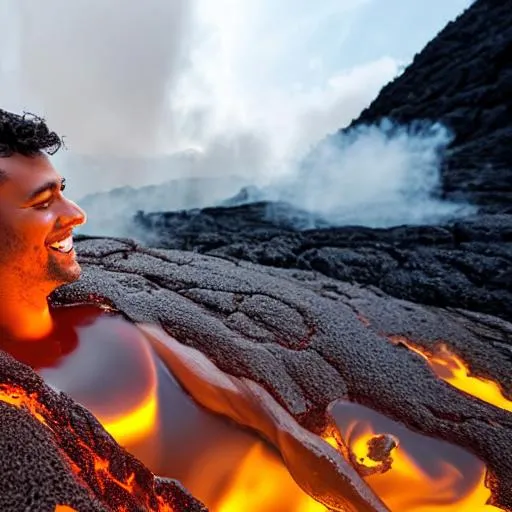 A picture of a happy man having a bath in molten lava