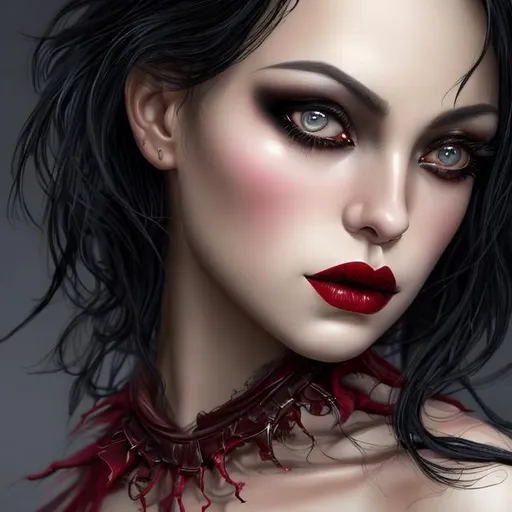 Prompt: masterpiece, best quality, 1girl, solo, (natural skin texture, realistic eye and face details:1. 5), (dark:1. 4), deep shadow, extremely detailed lady, detailed eyes and face, piercing eyes, red lipstick, no black eyeliners, detailed goth clothing, ponytails, black hair, Nikon d850 film, hyper-realistic, real-life texture, dramatic, lighting, unreal engine, (facial clarity:1. 5), (transparent clothes:1. 1) gothic style, black lace, tattoo