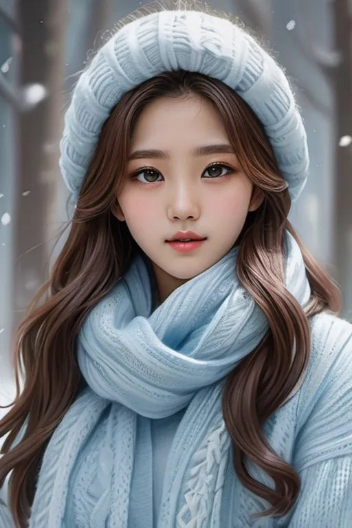 Prompt: A captivating korean idol with v-shape jaw, with long brown hair, shining eyes wearing a fluffy fur light blue wool sweater and a scarf. The artwork, rendered in a realism style, showcases intricate details, vibrant colors, and an enchanting cold winter snowing nature atmosphere.