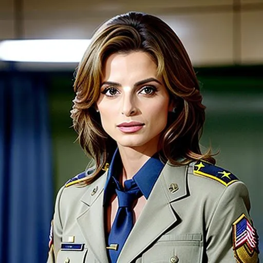 Prompt: Stana Katic as super hot  U.S. Military office open unbuttoned