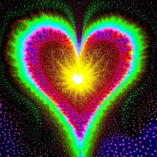 Prompt: mandelbrot sunshine with glowing long light rays of angels and colorful bright yellow centered love hearts