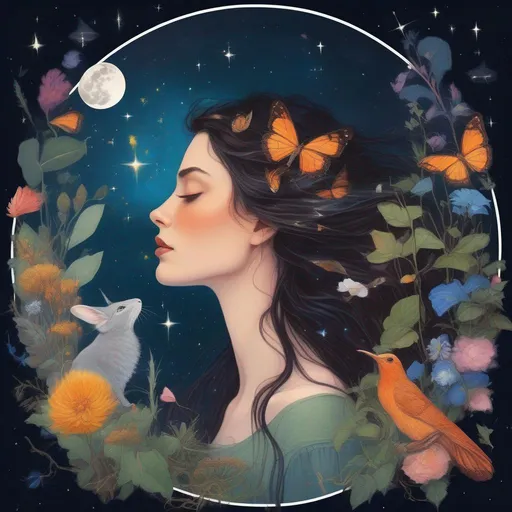Prompt: A profile beautiful and colourful picture of a brunette Persephone surrounded by plants, moths and animals framed by the moon and constellations
