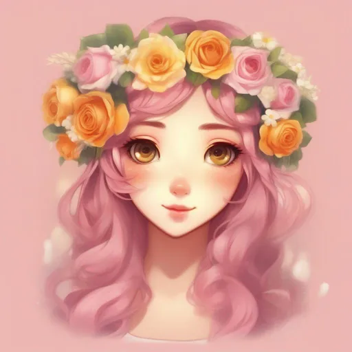 Prompt: Selkie, wearing a flower headband, pink and orange roses with white daisy's and yellow flowers, best quality, masterpiece, in cartoon style