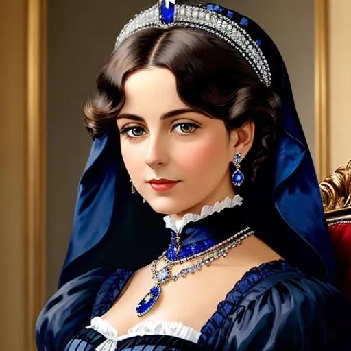 Prompt: Wealthy, stylish lady of the Victorian era, wearing sapphire jewelry, facial closeup